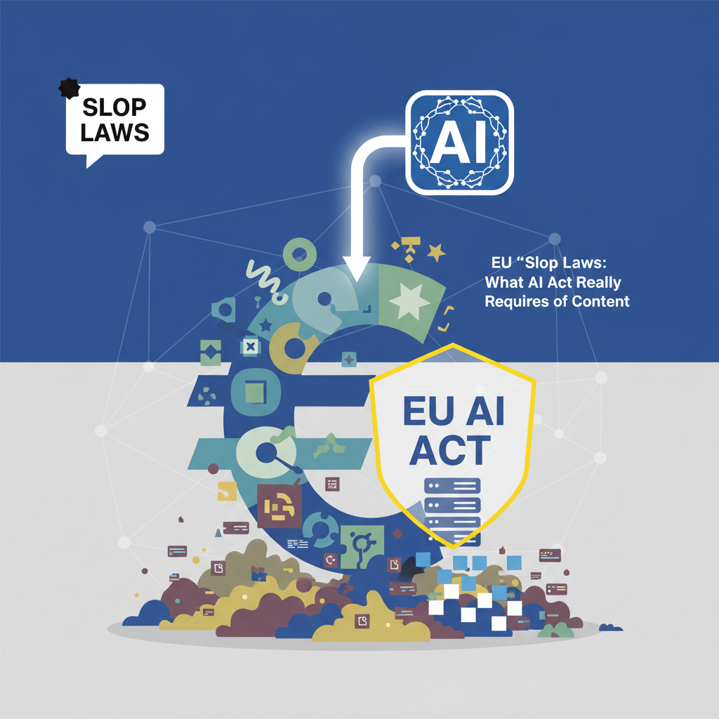 The image illustrates the EU AI Act, represented by a euro symbol, connected to a speech bubble labeled "SLOP LAWS."  The text "EU AI ACT" is displayed within a shield, accompanied by icons related to AI and data storage.