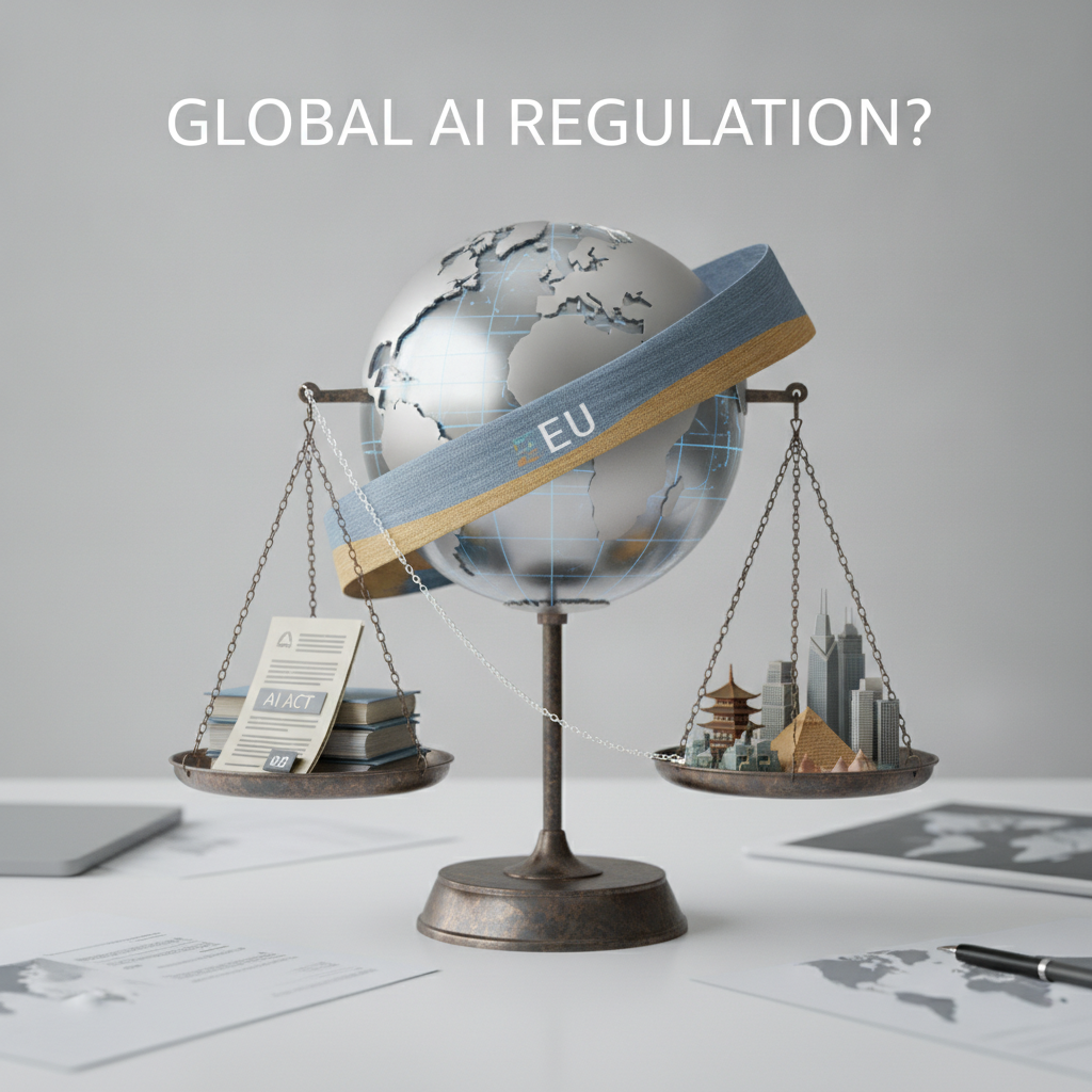 3D render illustrating the debate over the eu should not be allowed to dictate global ai laws european imperialism 2 0 with EU blue regulation band encircling a globe