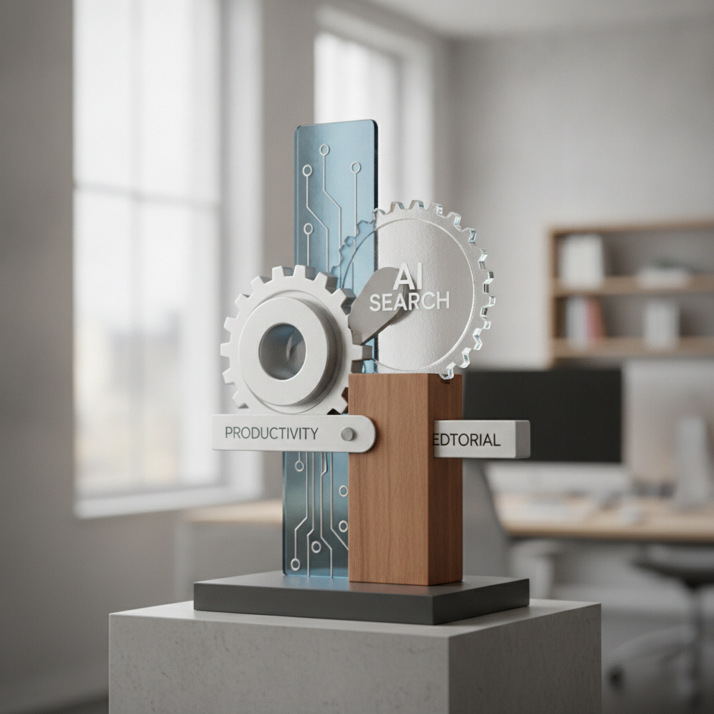 Clean 3D render illustrating operational productivity and editorial efficiency pipeline from draft to AI search citation