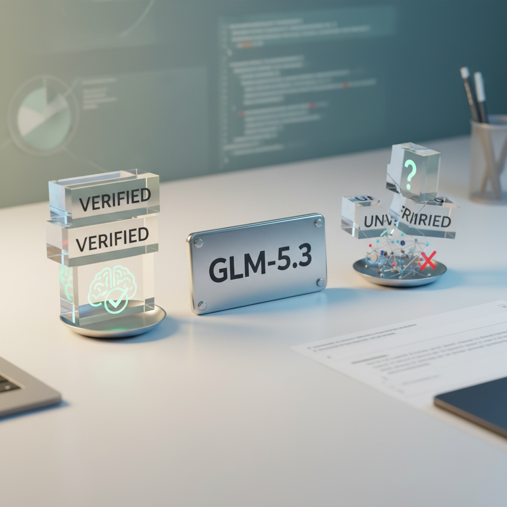 3D render visualizing verification layers for glm5 3 release and benchmarks with staged safety hoops around model core