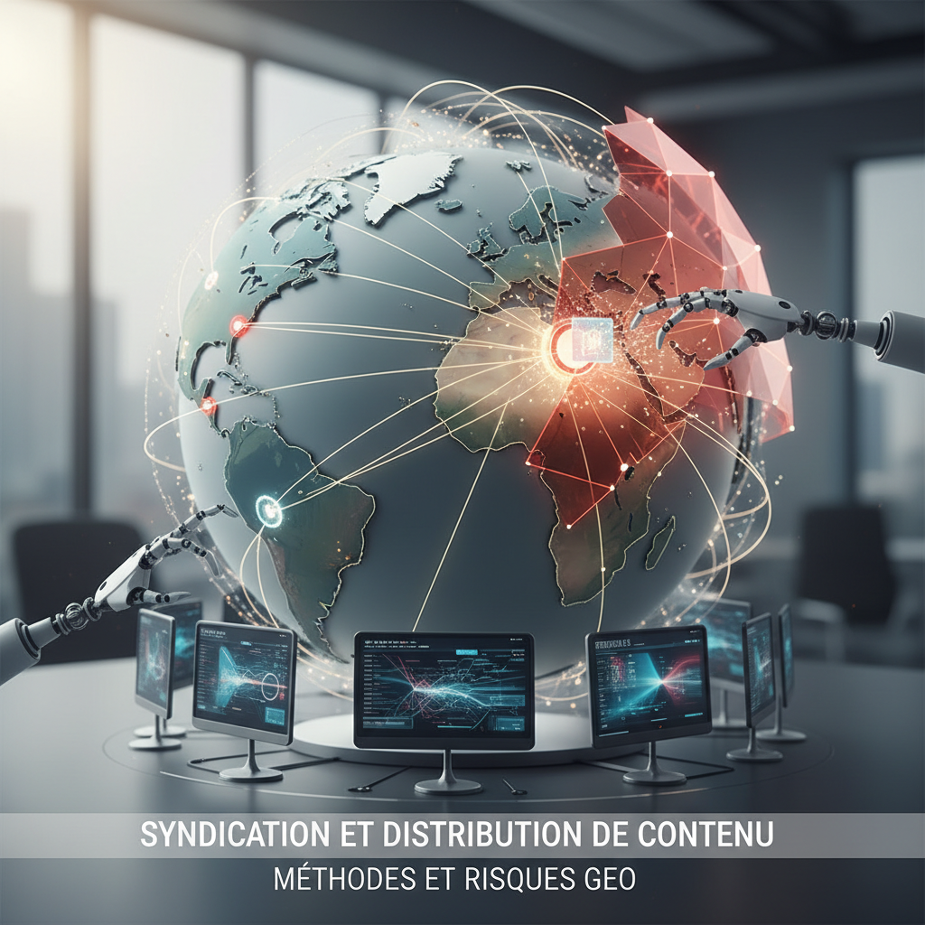 Rendu 3D minimaliste illustrant Syndication and Content Distribution Methods avec un cube central qui se duplique vers trois canaux de distribution distincts