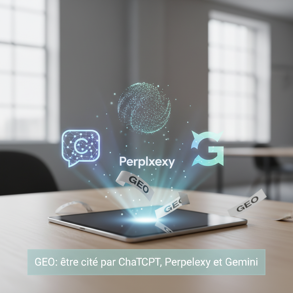 Rendu 3D minimaliste illustrant le r f rencement ia tre cit par chatgpt avec une source mise en avant vers une sphère de réponse IA