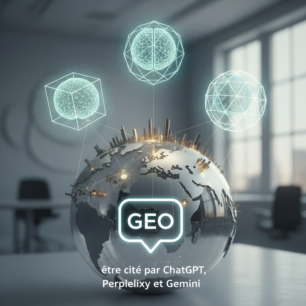 A stylized globe with interconnected cityscapes and geometric shapes surrounding it features the "GEO" logo.