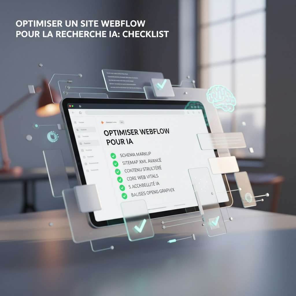 A tablet displays a checklist for optimizing a website webflow, including items like schema markup, sitemap, content structure, core web vitals, accessibility, and opening graph/XML.