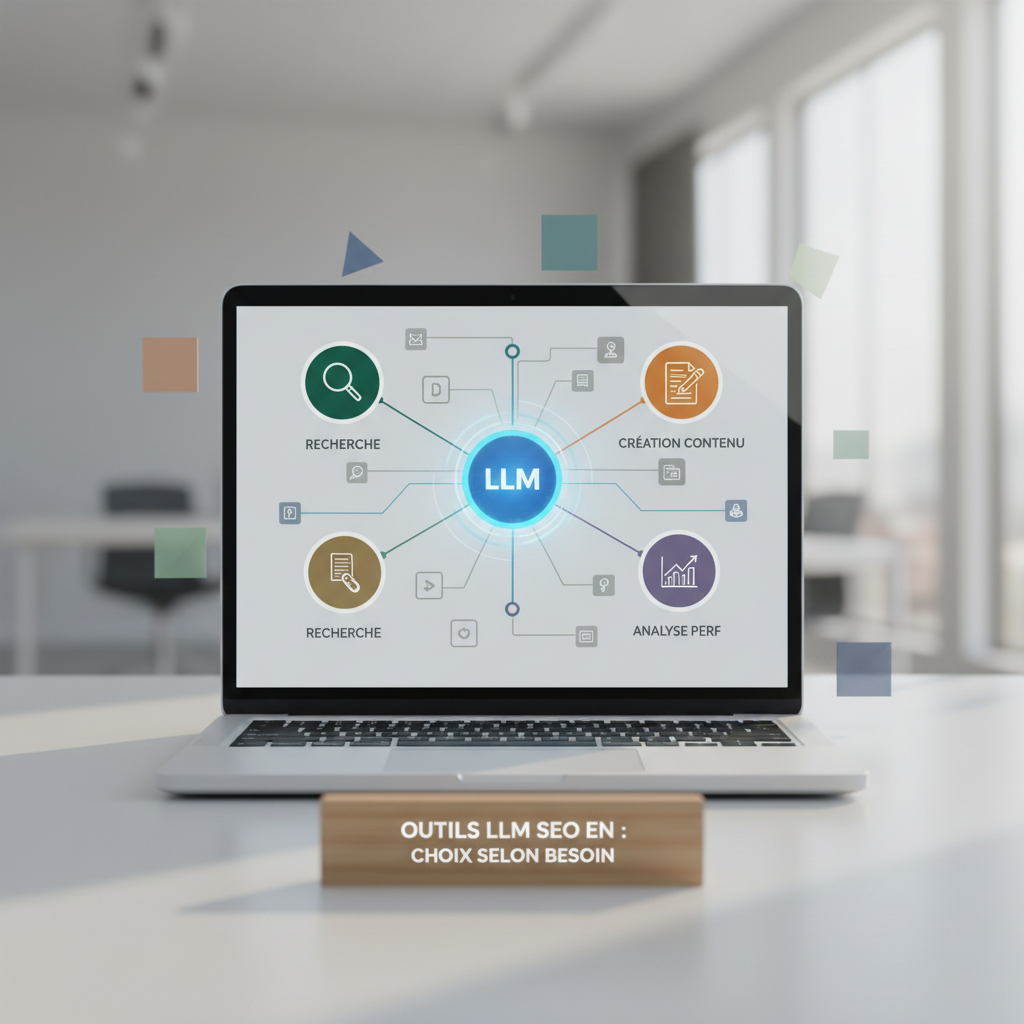 Rendu 3D minimaliste illustrant les quatre catégories d'outils llm seo tools avec modules géométriques distincts