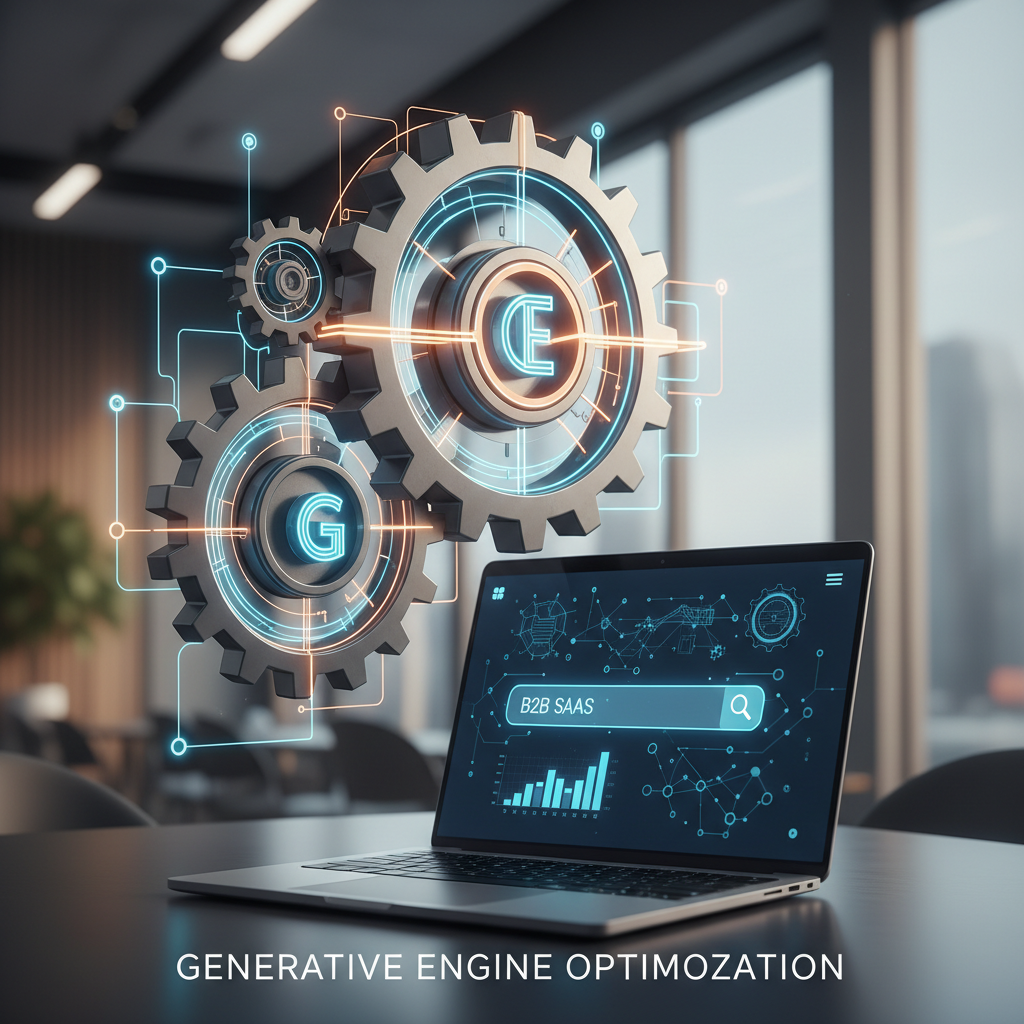 Un ordinateur portable affichant "B2B SaaS" et une barre de recherche est posé sur une table, avec trois engrenages lumineux étiquetés "G", "E" et "C" superposés au-dessus.