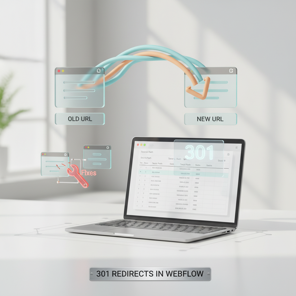 Illustration pour Redirections 301 dans Webflow : configuration, import CSV en masse et corrections