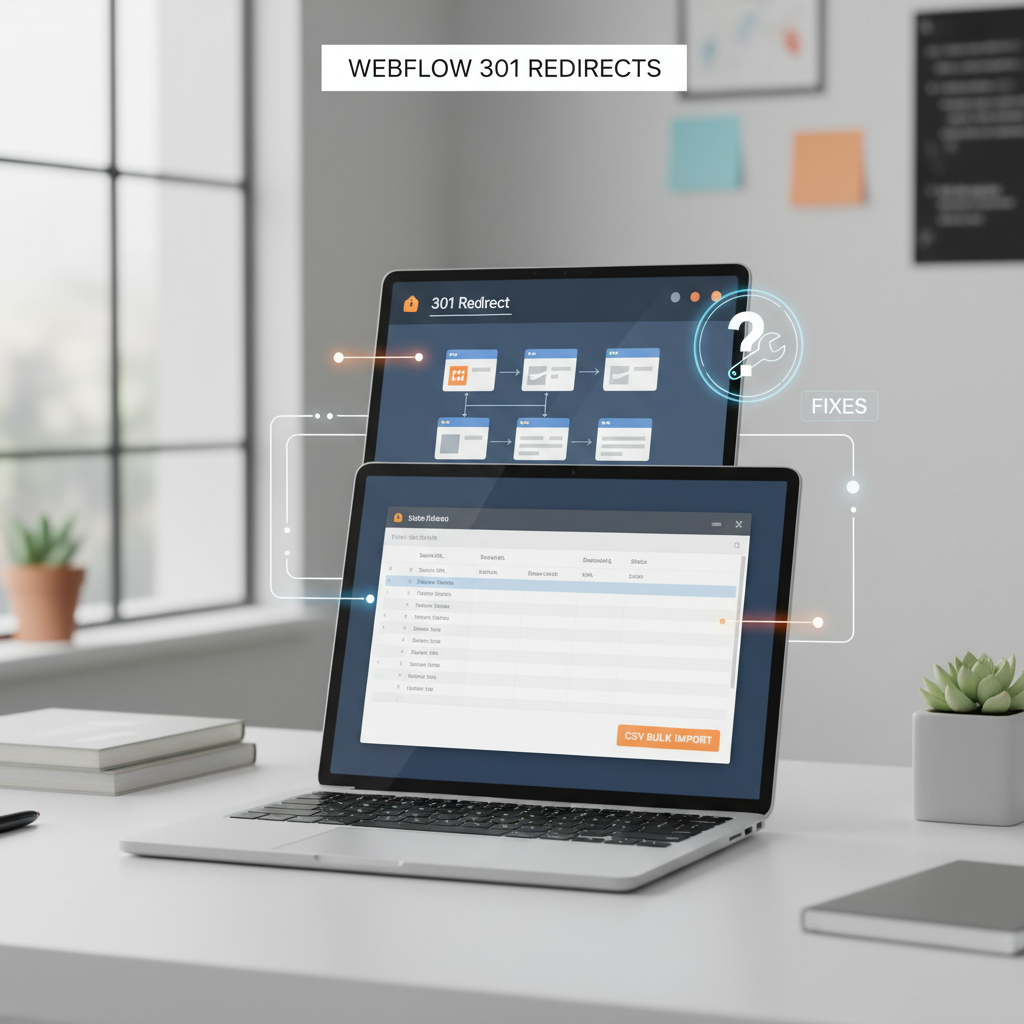 Visualisation 3D d'une redirection 301 dans Webflow avec deux arches-portails reliées par un tube de redirection bleu