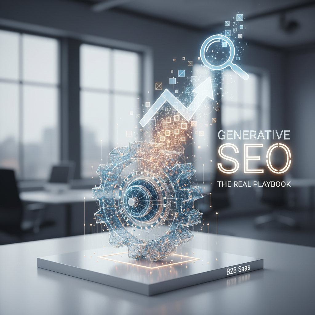 Rendu 3D d'une carte de réponse IA citant un produit SaaS B2B, illustrant la Generative Engine Optimization pour le SaaS B2B