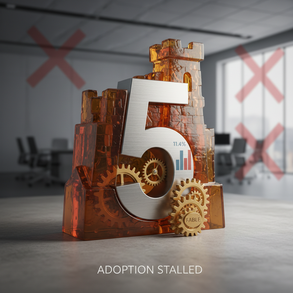 Rendu 3D illustrant que Fable 5 ne représente que 11 4 des dépenses des entreprises et pourquoi presque personne ne l'utilise, avec un token surdimensionné en équilibre sur une petite pile de dollars