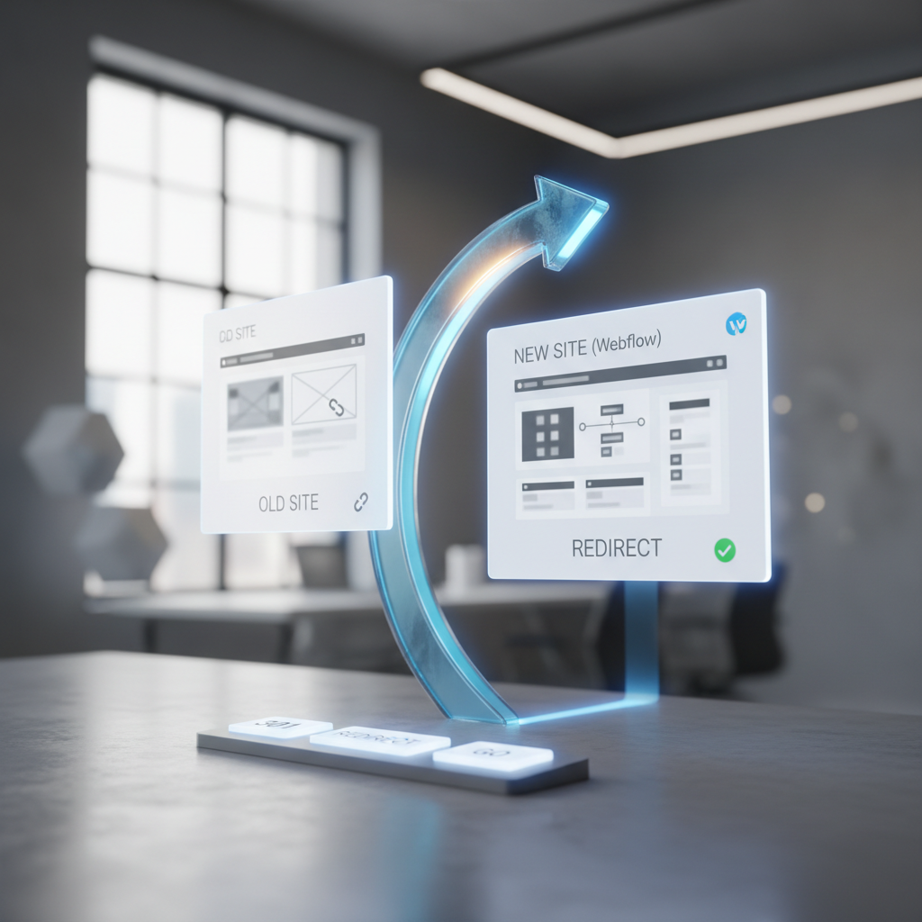 Rendu 3D illustrant le concept de redirection 301 Webflow, avec un bloc ancienne URL relié à un bloc nouvelle URL par un pipeline en flèche rouge