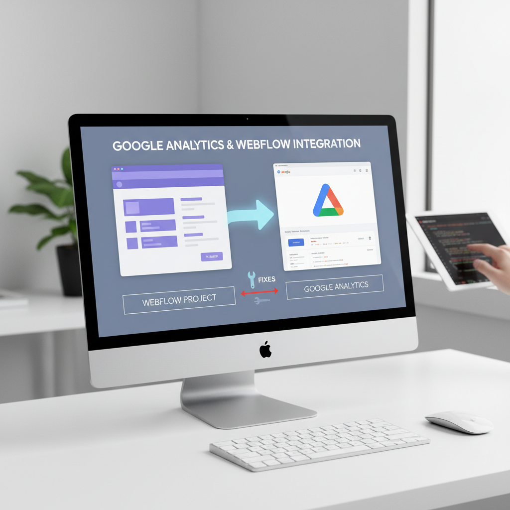 Minimal 3D render showing concept to add google analytics to Webflow with tag connected to site grid
