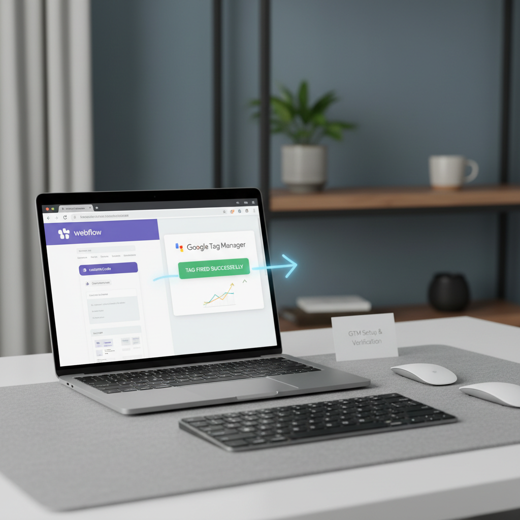 Rendu 3D illustrant comment ajouter GTM à Webflow, avec les points d'injection head et footer indiqués sur une maquette de site web minimaliste