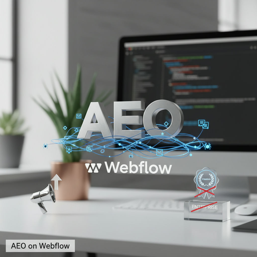 Rendu 3D minimaliste illustrant l’AEO sur Webflow, avec des blocs de schémas FAQ, Article et Organization reliés à un nœud de citation IA