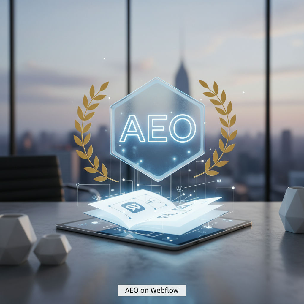 Une tablette affiche un livre ouvert sur lequel se superpose le logo AEO, relié à Webflow par un câble lumineux. Des couronnes de laurier dorées encadrent le logo et un paysage urbain flou apparaît à travers une grande fenêtre en arrière-plan.