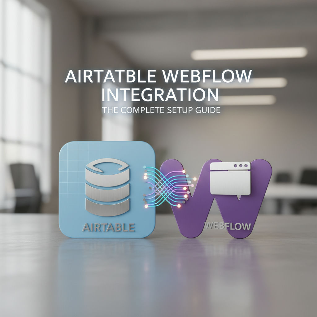 Rendu 3D illustrant l'intégration airtable webflow qui synchronise une grille de base de données vers des panneaux de collection CMS Webflow