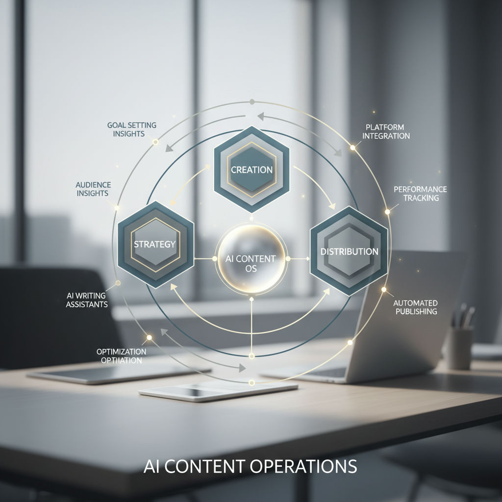 Une illustration présente le workflow des opérations de contenu IA, avec les étapes de création, de stratégie, de distribution et d'optimisation.