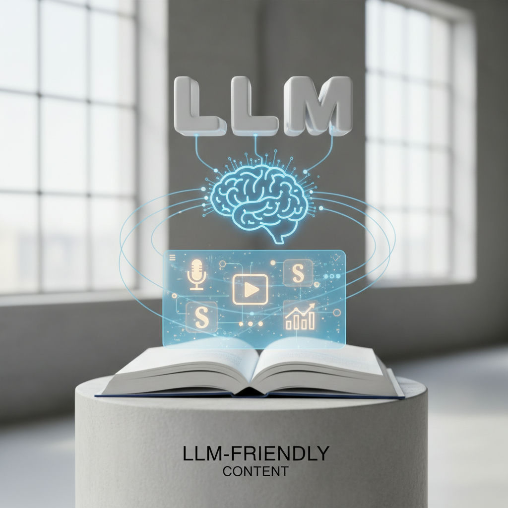 Rendu 3D de blocs de contenu découpés en chunks illustrant la structure d’un contenu LLM-friendly pour la récupération par les IA
