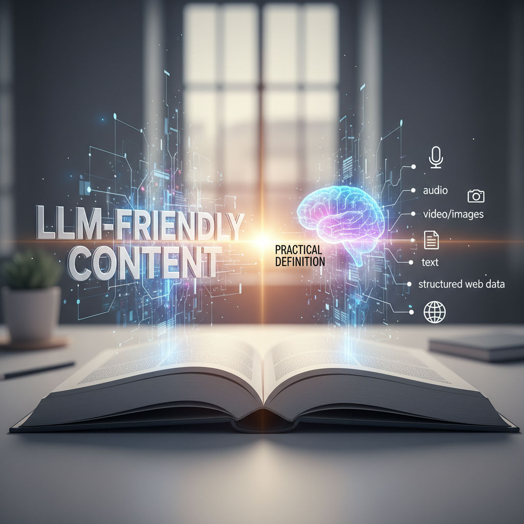 Un livre ouvert présente un cerveau humain bleu lumineux relié à des éléments technologiques : audio, vidéo, images, texte et données web structurées.