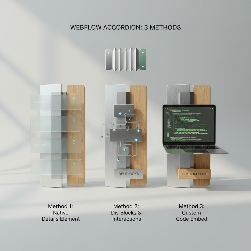 Rendu 3D de panneaux d'accordéon empilés montrant un état déplié pour le guide accordéon Webflow