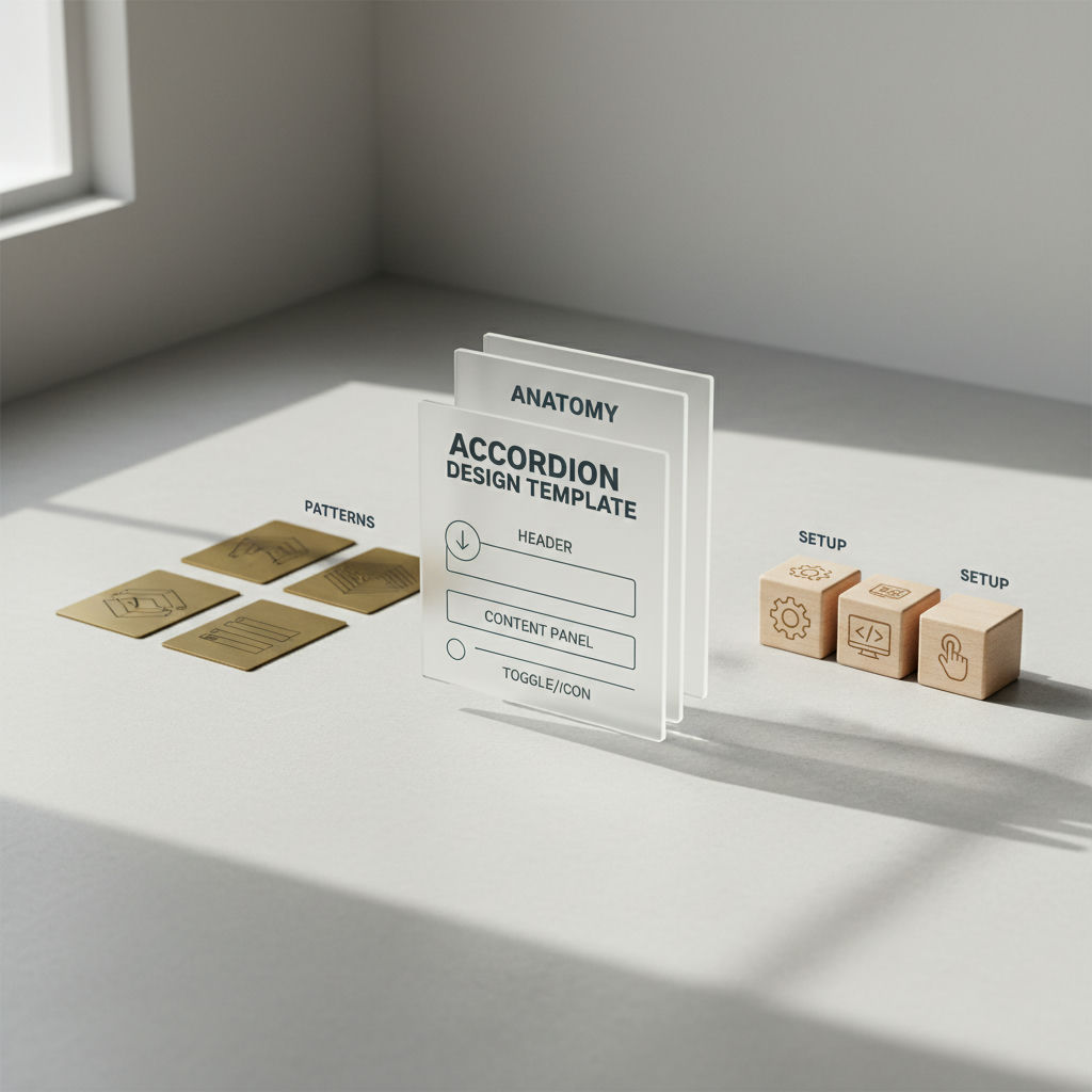 3D render illustrating the five-part structure of an accordion design template with one panel expanded