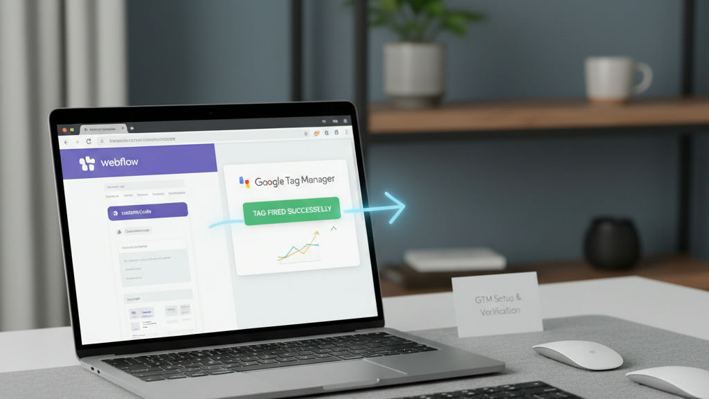 Rendu 3D illustrant comment ajouter GTM à Webflow, avec les points d’injection du head et du footer marqués sur une maquette de site web minimaliste