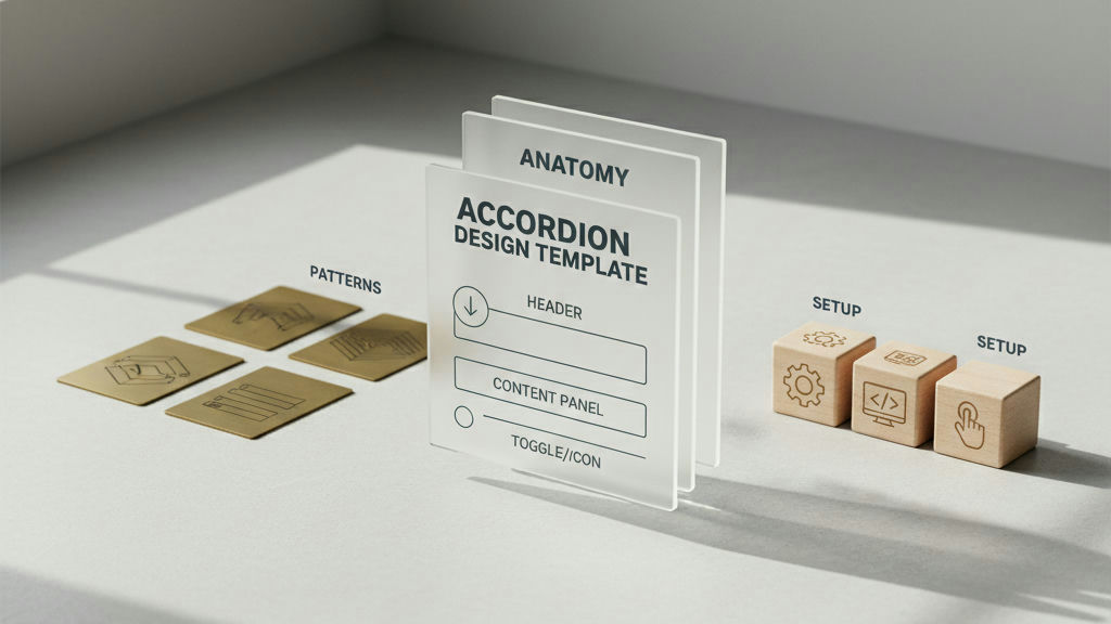 Rendu 3D illustrant la structure en cinq parties d'un template de design d'accordéon, avec un panneau ouvert