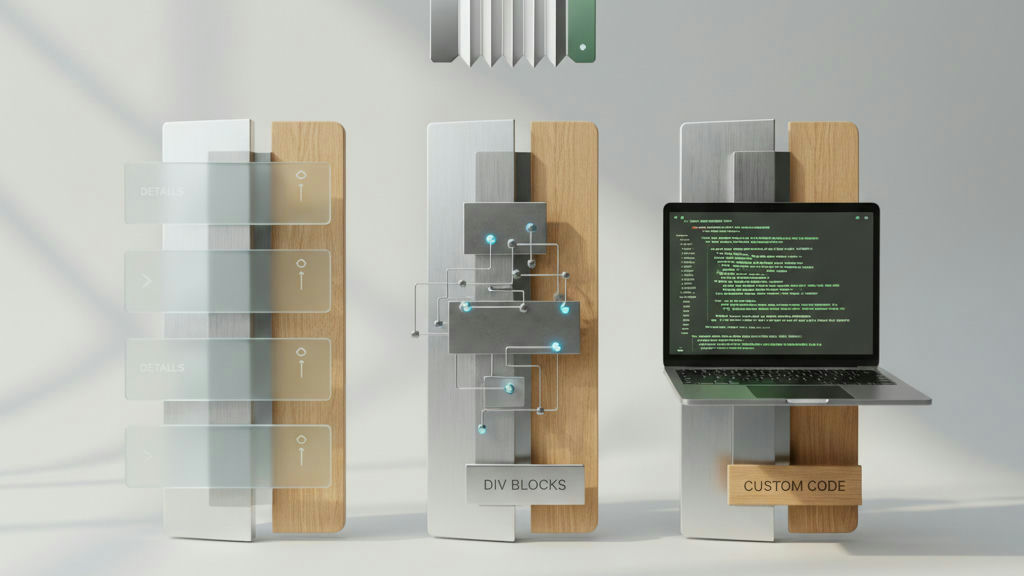 Rendu 3D de panneaux d'accordéon empilés montrant un état déplié pour le guide accordéon Webflow