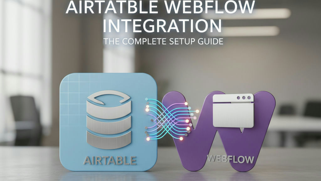 Rendu 3D illustrant l'intégration airtable webflow qui synchronise une grille de base de données vers des panneaux de collection CMS Webflow