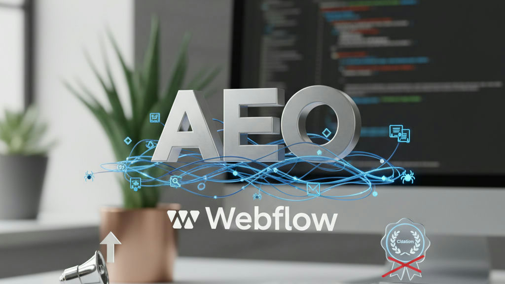 Rendu 3D minimaliste illustrant l’AEO sur Webflow, avec des blocs de schémas FAQ, Article et Organization reliés à un nœud de citation IA