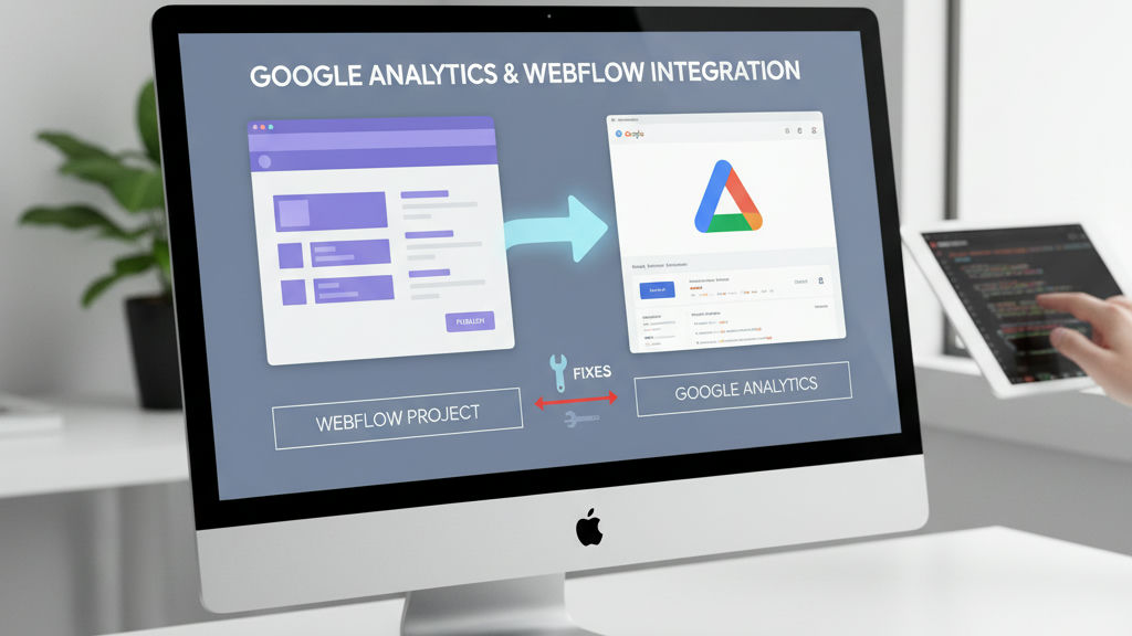 Rendu 3D minimaliste illustrant l’ajout de Google Analytics à Webflow, avec une balise reliée à une grille de site