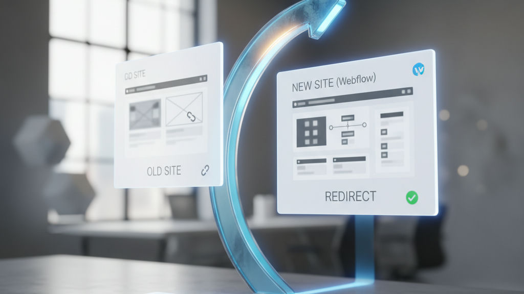 Rendu 3D illustrant le concept de redirection 301 Webflow, avec un bloc ancienne URL relié à un bloc nouvelle URL par un pipeline en flèche rouge