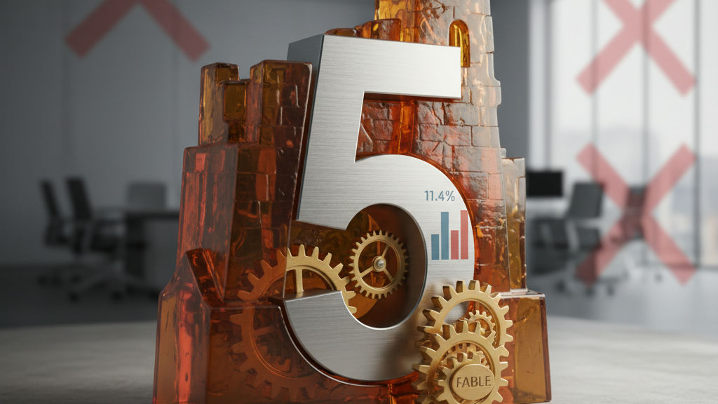 3D render illustrating fable 5 accounts for just 11 4 of business spending why almost nobody is using it with oversized token balanced on small dollar stack