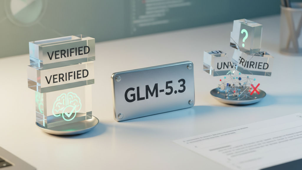 Rendu 3D illustrant les couches de vérification pour la sortie et les benchmarks de GLM-5.3, avec des cerceaux de sécurité échelonnés autour du cœur du modèle