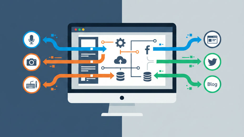 Rendu 3D de blocs modulaires illustrant le pipeline d'automatisation de contenu et d'intégration des workflows, de la recherche à la publication