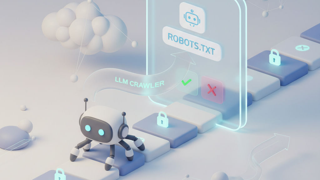 Rendu 3D illustrant l'accès des robots LLM et le fichier robots txt pour la recherche IA, avec des points de contrôle autoriser et bloquer