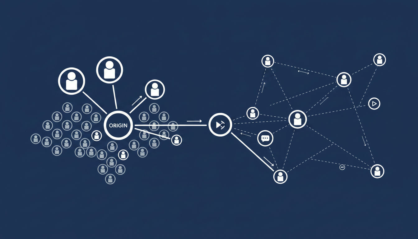 Rendu 3D abstrait illustrant les méthodes de syndication et de diffusion de contenu, avec une source canonique centrale et des nœuds dupliqués reliés
