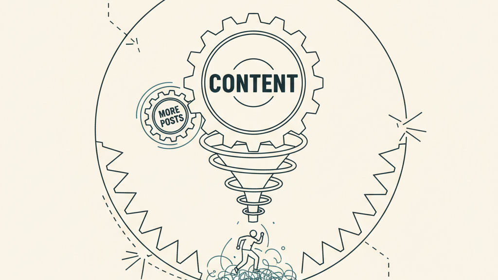 Rendu 3D illustrant pourquoi publier plus d'articles de blog tue votre SEO : le piège de l'usine à contenu, avec des pages pauvres qui se chevauchent et envahissent un pilier central faisant autorité