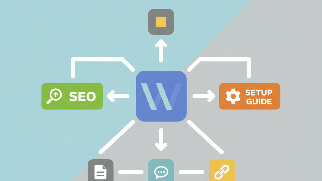 Rendu 3D en studio illustrant la consolidation des balises canoniques globales du SEO Webflow, avec des dalles de site superposées et un câble de connexion