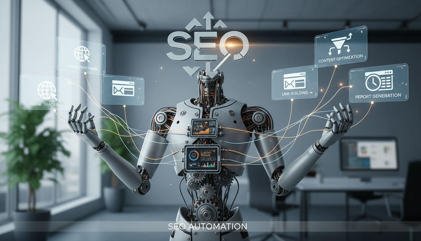 3D render of three interconnected modules illustrating seo automation workflow from crawl to analysis to action