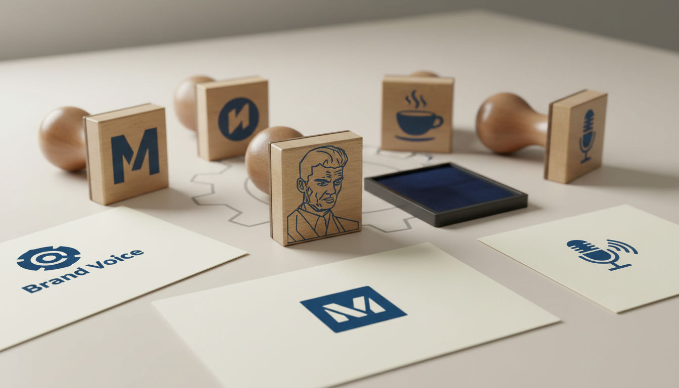 Clean 3D render illustrating a brand voice generator creating consistent voice profiles from a master template