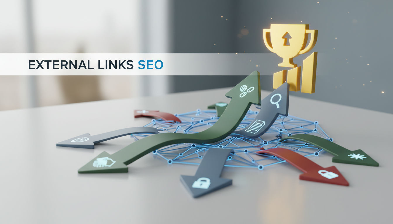 Rendu 3D illustrant le concept de liens externes en SEO : un bloc de page web relié vers l’extérieur, par un câble en acier, à un bloc représentant une source faisant autorité