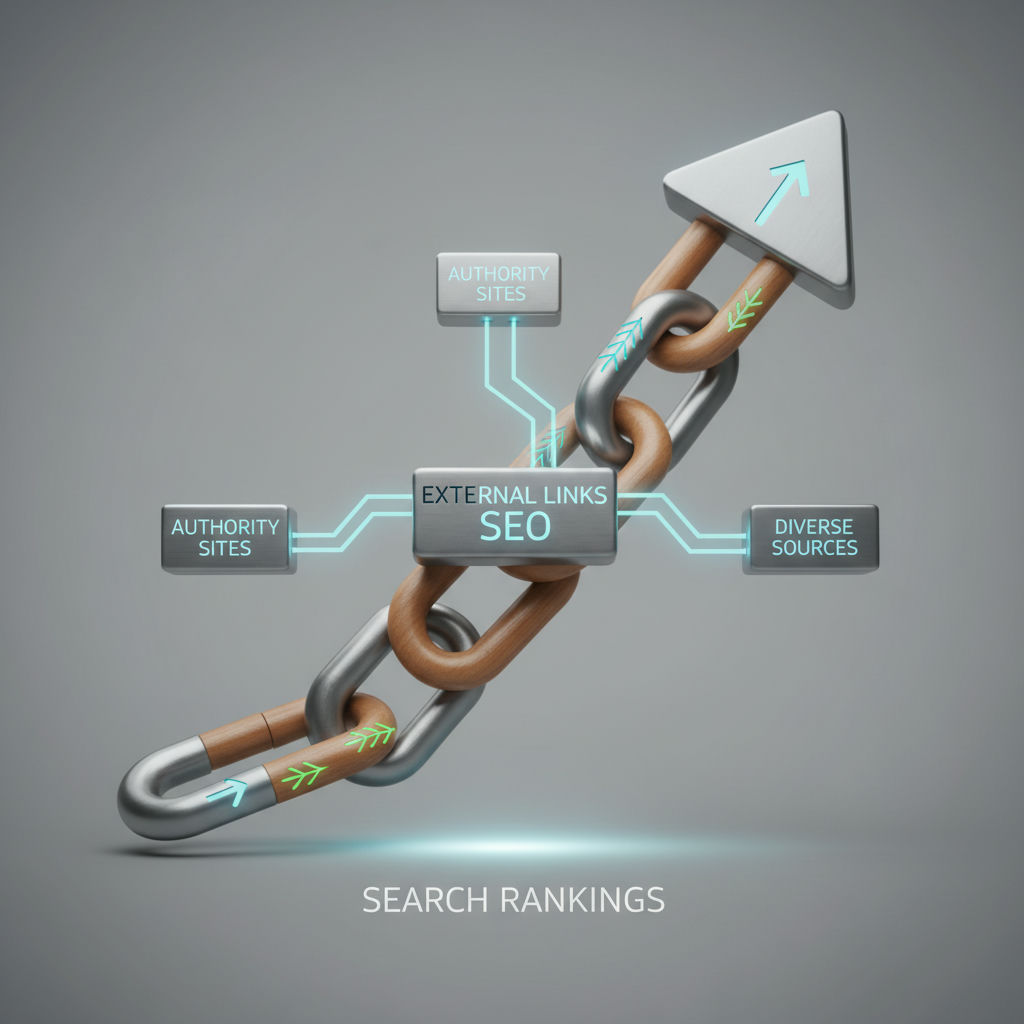 Un diagramme en chaîne illustre le classement dans les résultats de recherche pour les liens externes, les sites d’autorité, les sources diversifiées et les sites d’autorité, reliés par une flèche ascendante intitulée "SEARCH RANKINGS."
