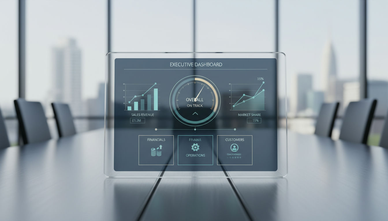 Rendu 3D minimaliste de tuiles KPI empilées représentant un tableau de bord dirigeant avec des indicateurs de statut RAG