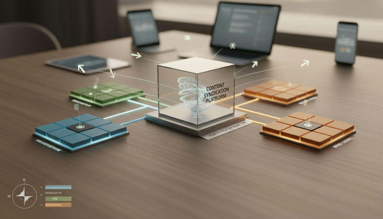 Isometric 3D render illustrating three types of content syndication platform diverging from a central hub