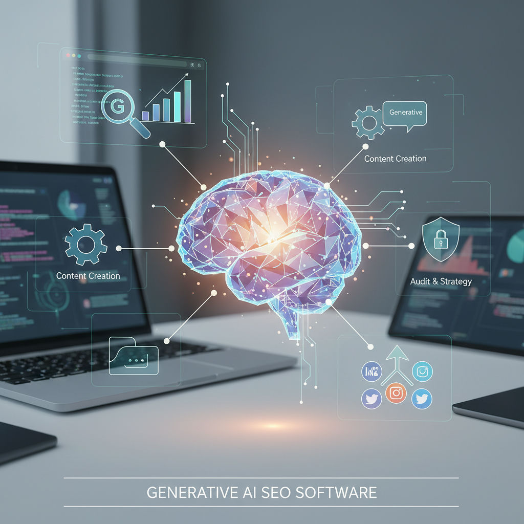 A digital illustration of a human brain, connected to various AI SEO software interfaces, displays a glowing light source and interconnected lines and symbols.