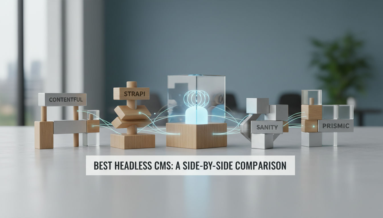 Rendu 3D minimaliste comparant les meilleures plateformes CMS headless sous forme de blocs modulaires flottants détachés d’une interface front-end