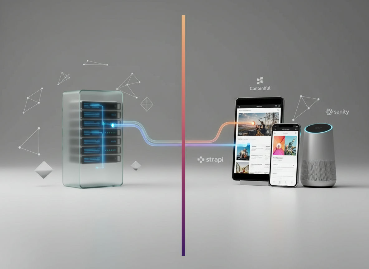 Un serveur relié par des lignes bleues à une tablette affichant une scène de chantier et à un smartphone montrant une playlist musicale, le tout connecté par une ligne courbe intitulée "strapi".