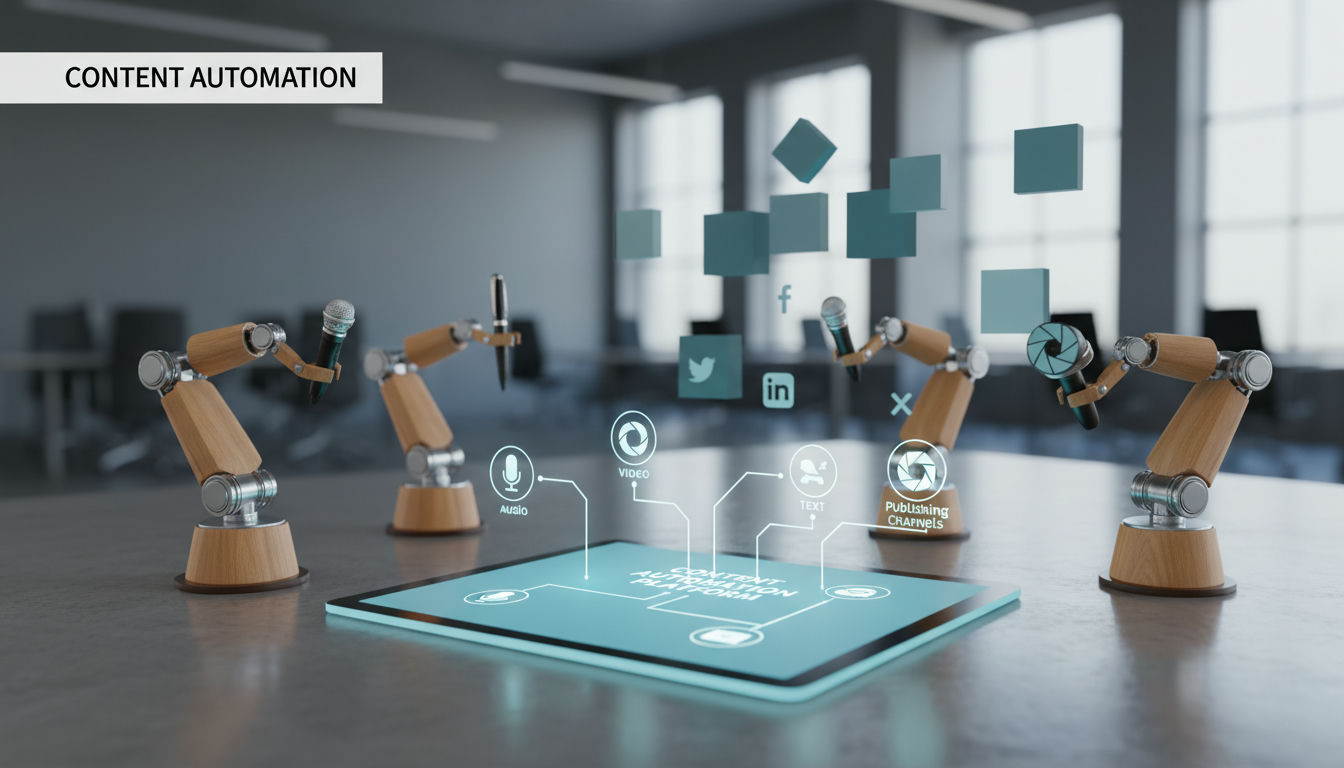 3D render illustrating a content automation platform publishing structured articles directly into a CMS collection grid