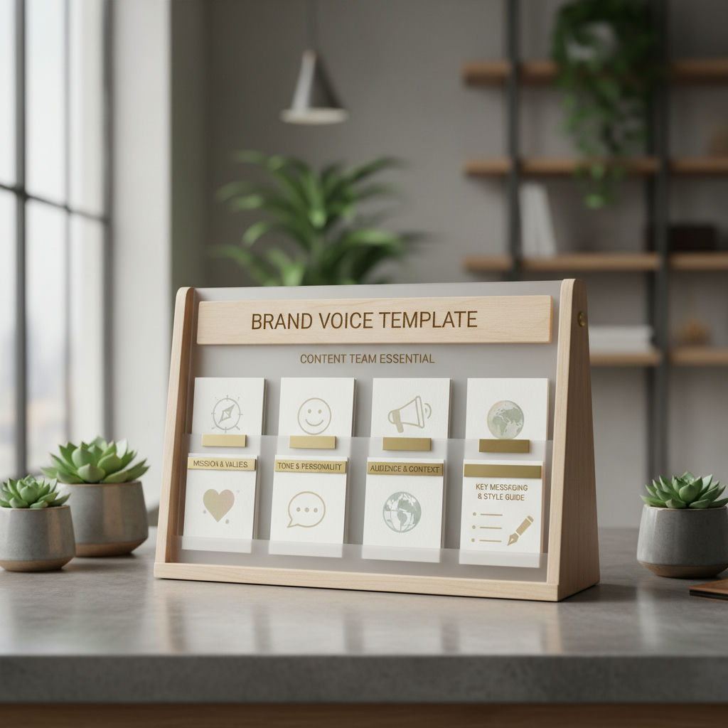 A wooden brand voice template display board with six cards featuring icons and text related to content team essentials is displayed on a table.
